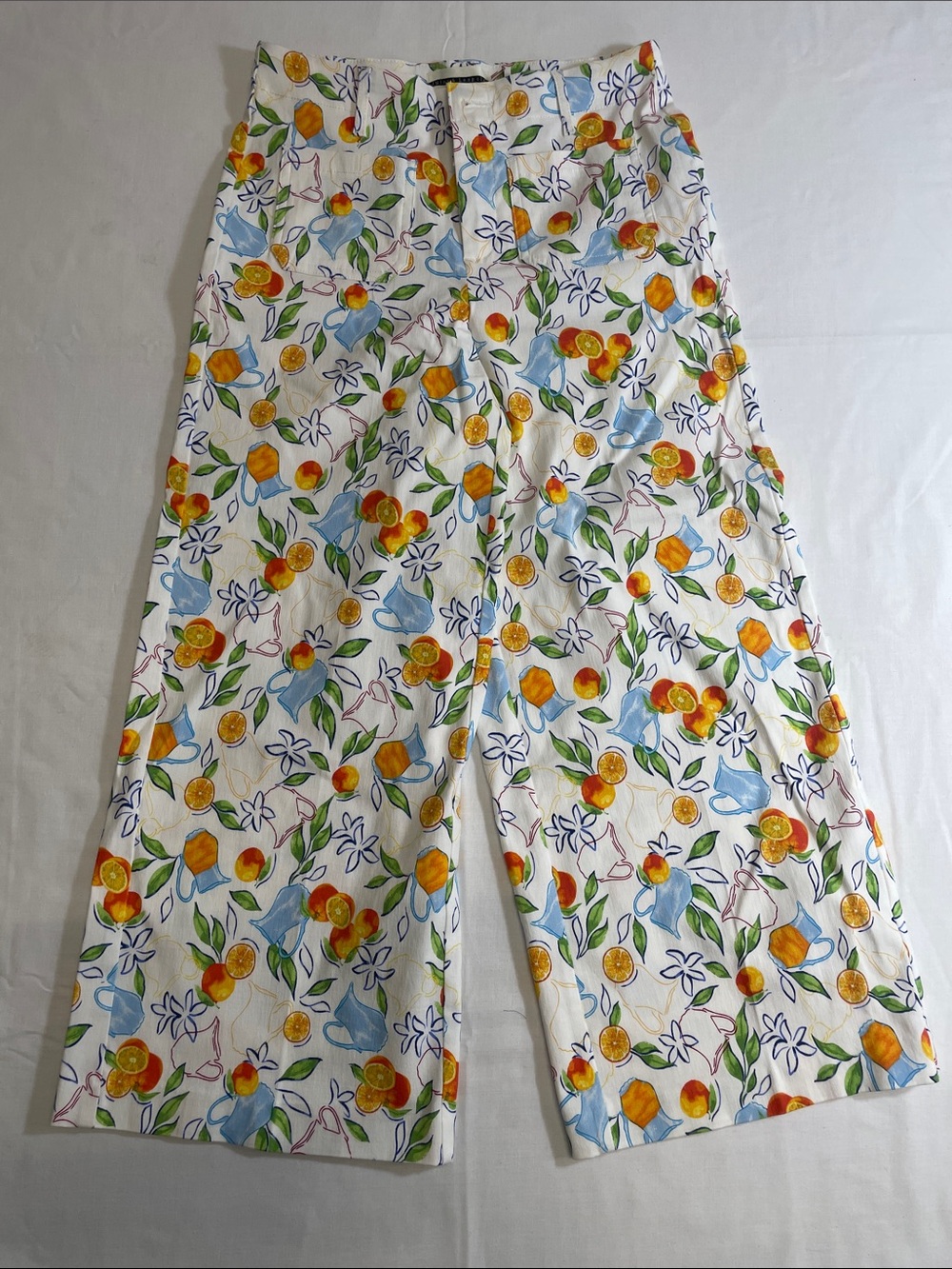 Wide-Leg cropped capris cotton Pants Floral Fruit Print S